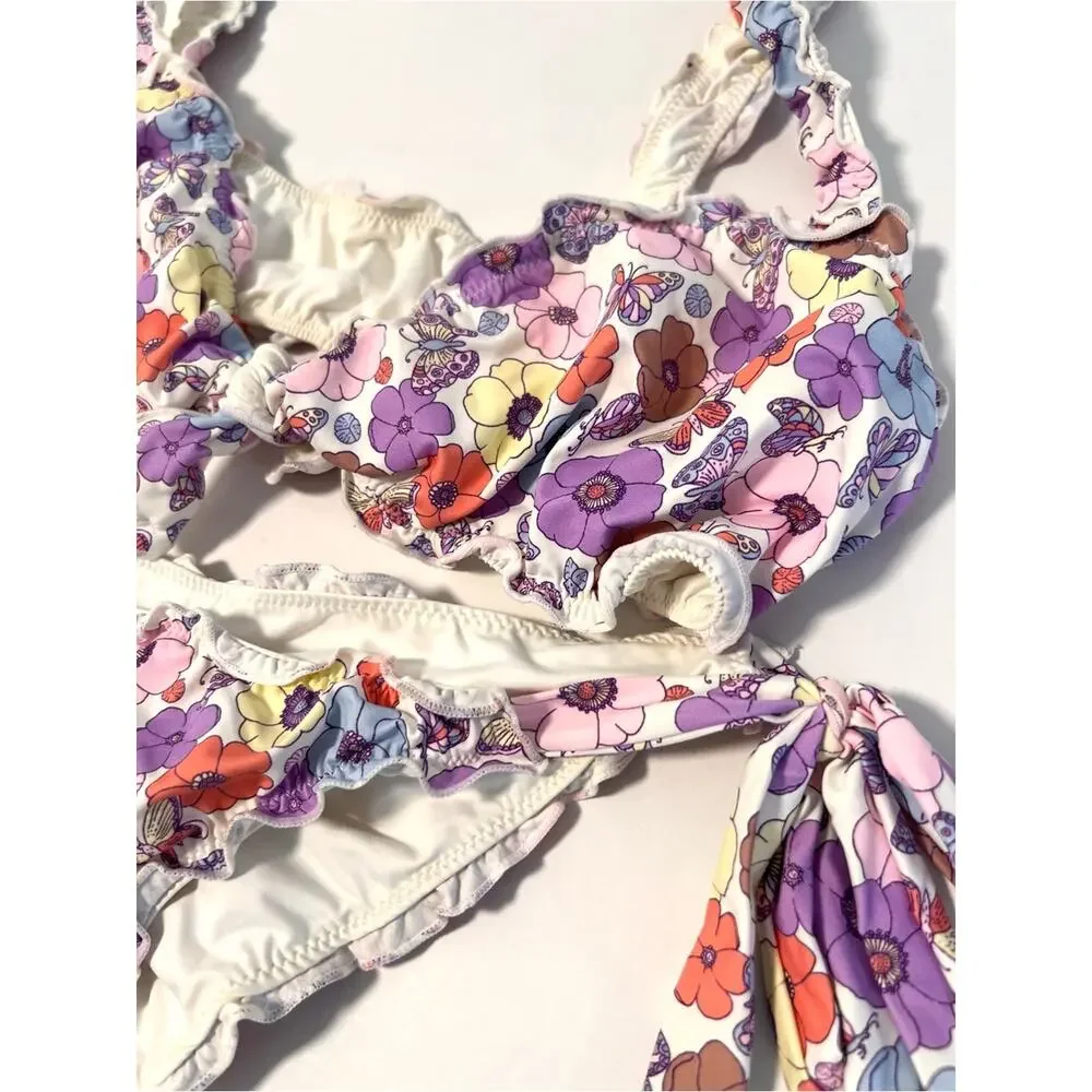 Frankies Bikini Colby SET Mariposa Floral Bikini Ruched Tie Sz M/L